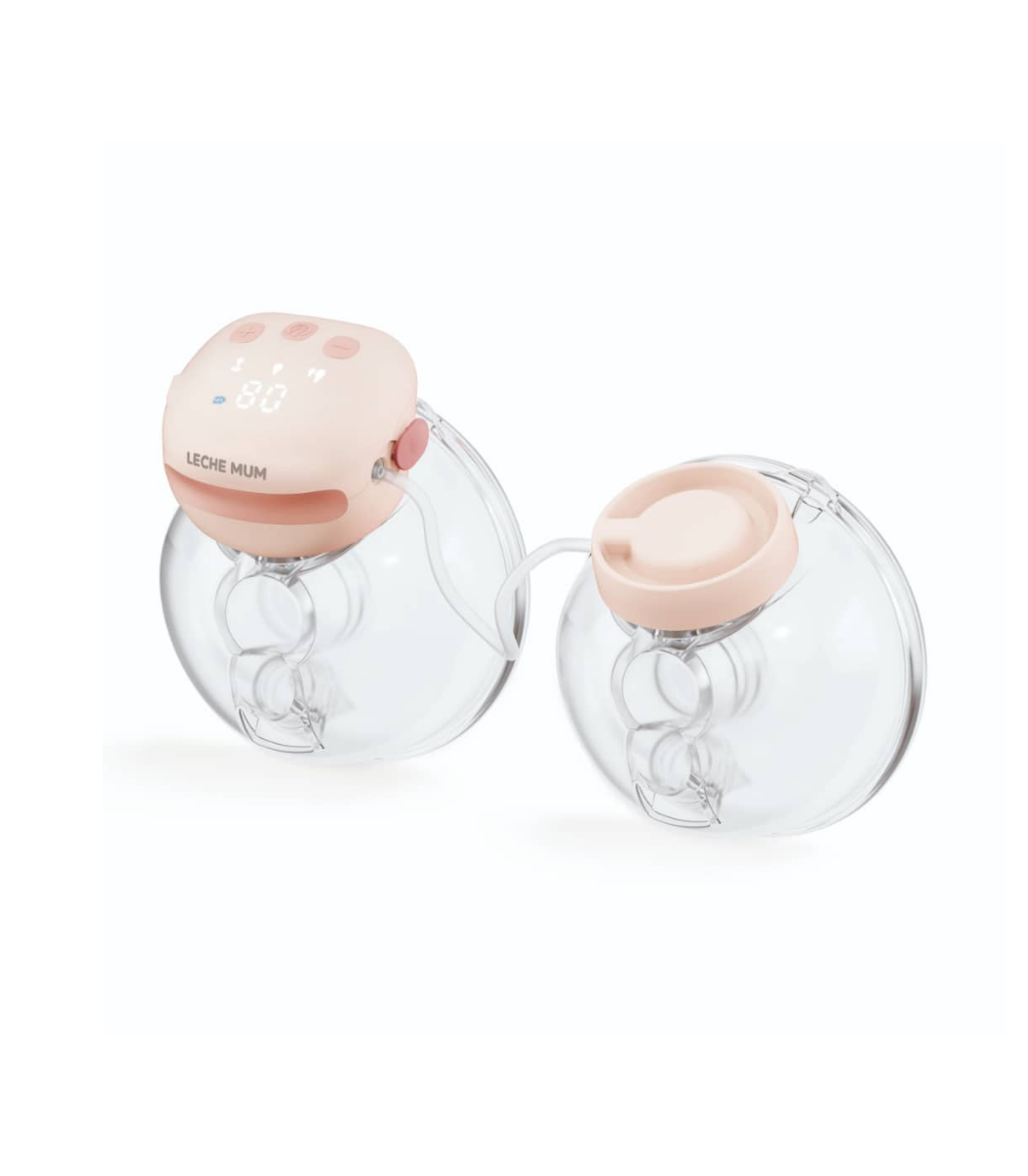 Leche Mum double electric wearable breast pump in soft pink, hands-free and portable for breastfeeding moms