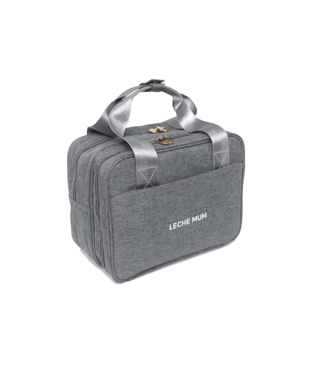 Leche Mum breast pump cooler and travel storage bag in grey, ideal for on-the-go breastfeeding moms